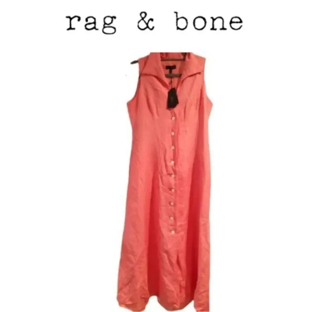 Rag & Bone Women Sleeveless Button-Front A-Line Midi coral Dress Size M